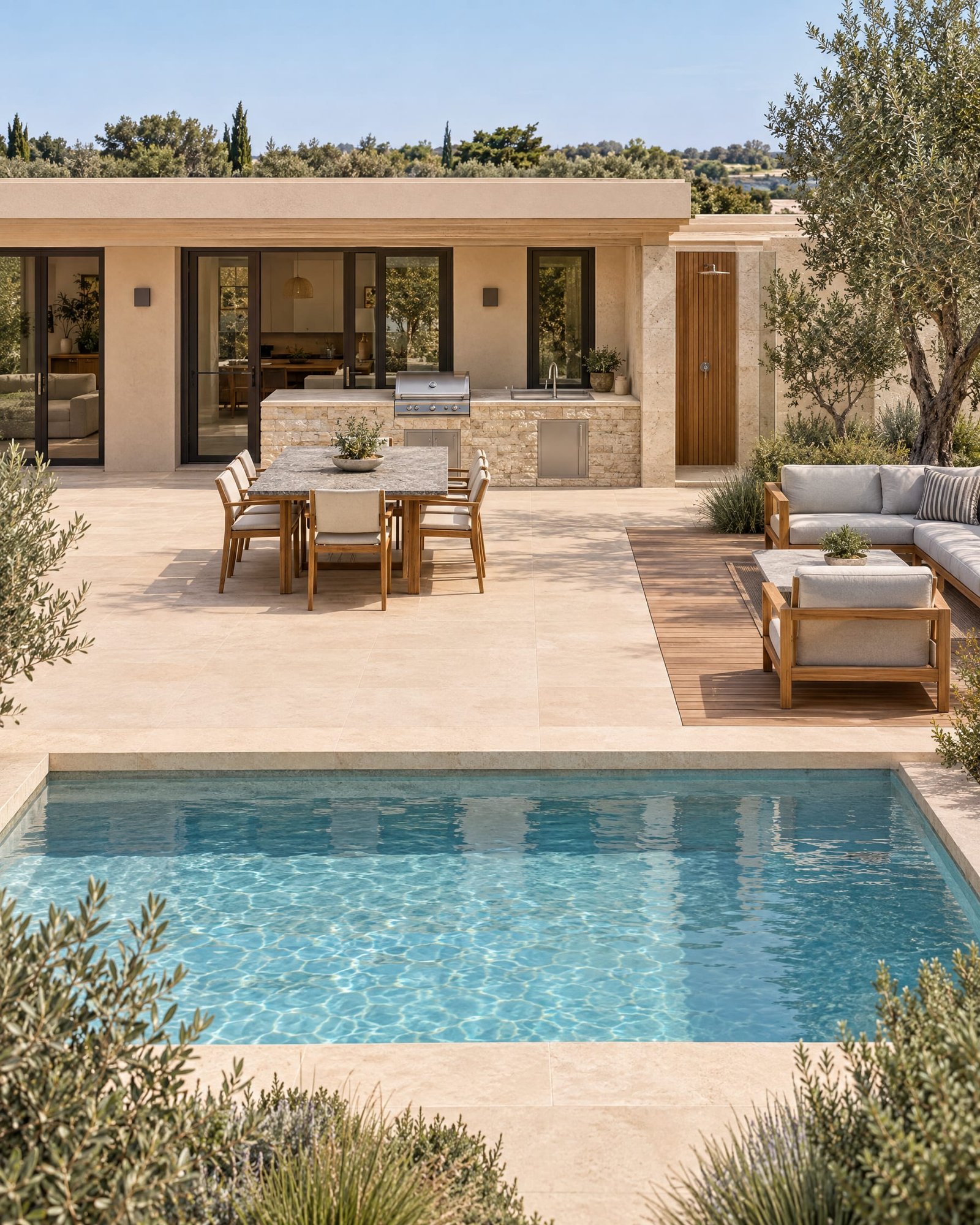Terraza de piscina con zona de barbacoa en piedra caliza y mesa de teca