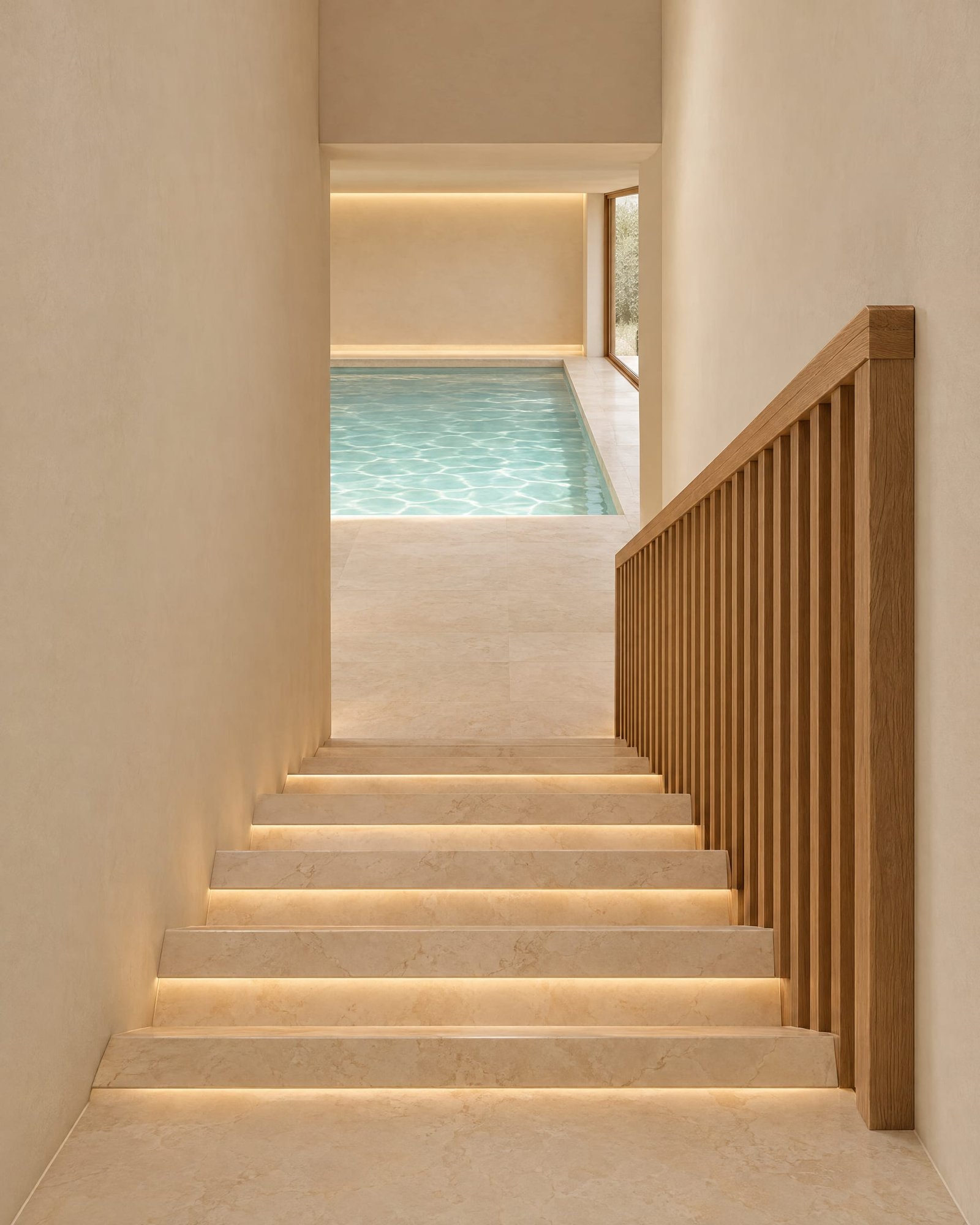 Escalera con peldaños de mármol Crema Marfil y barandilla de roble