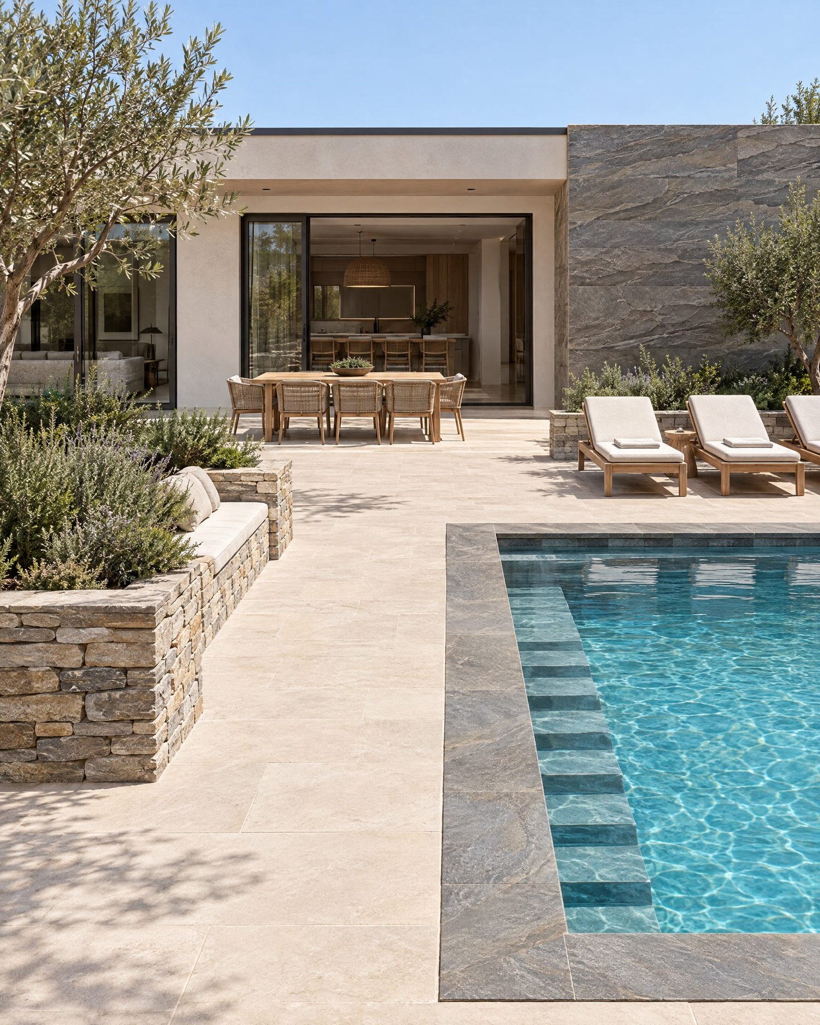 Patio de piedra natural con muro de arenisca y piscina