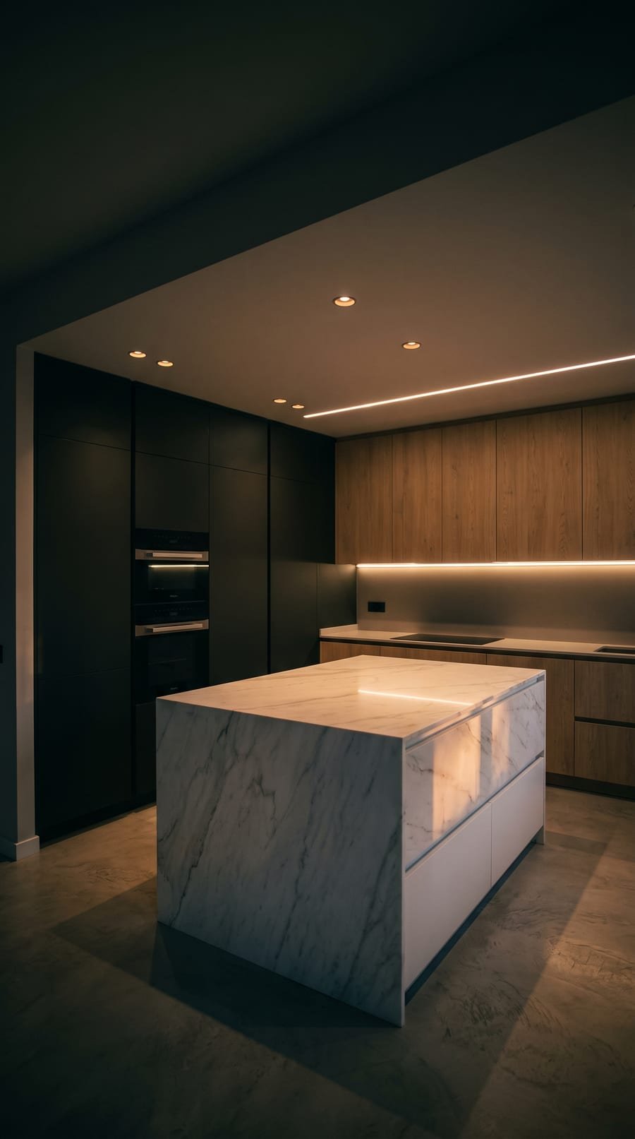 Cocina reformada con isla de mármol blanco y muebles a medida en roble